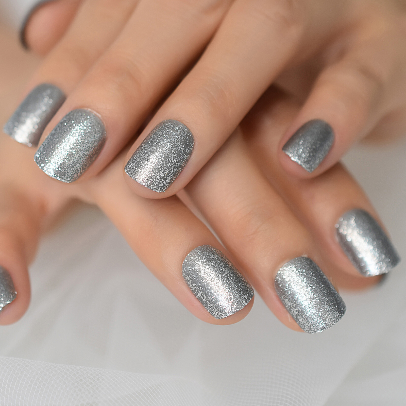 Silver Glitter Short Square Press On Nails – Glue On False Set – 24 pieces Kit