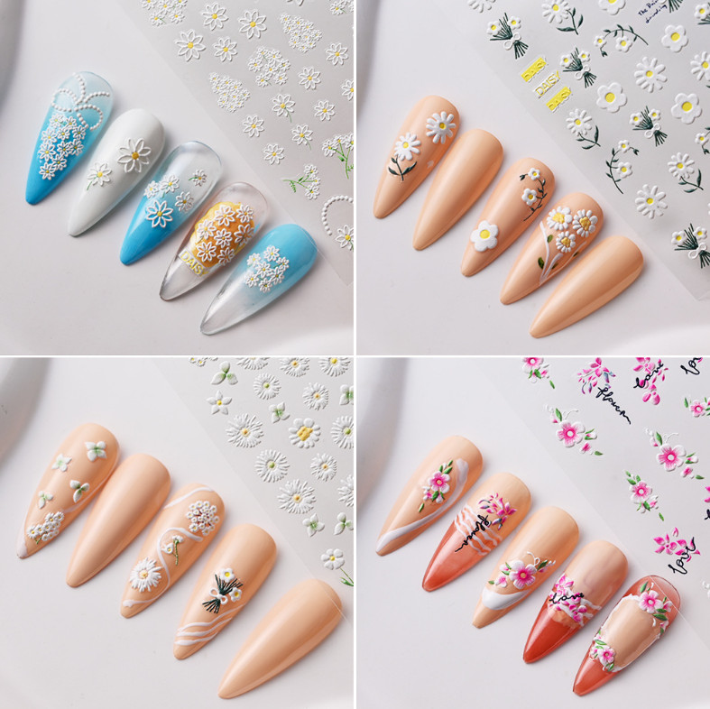 5D Embossed White Daisy Tulip Butterfly Camellia Flower Nail Art Stickers DIY