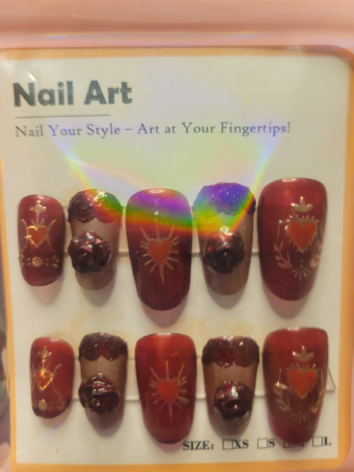 Size-M Hand Painted Custom Press On Nails- Dark Red & Rose Gold Roses & Hearts
