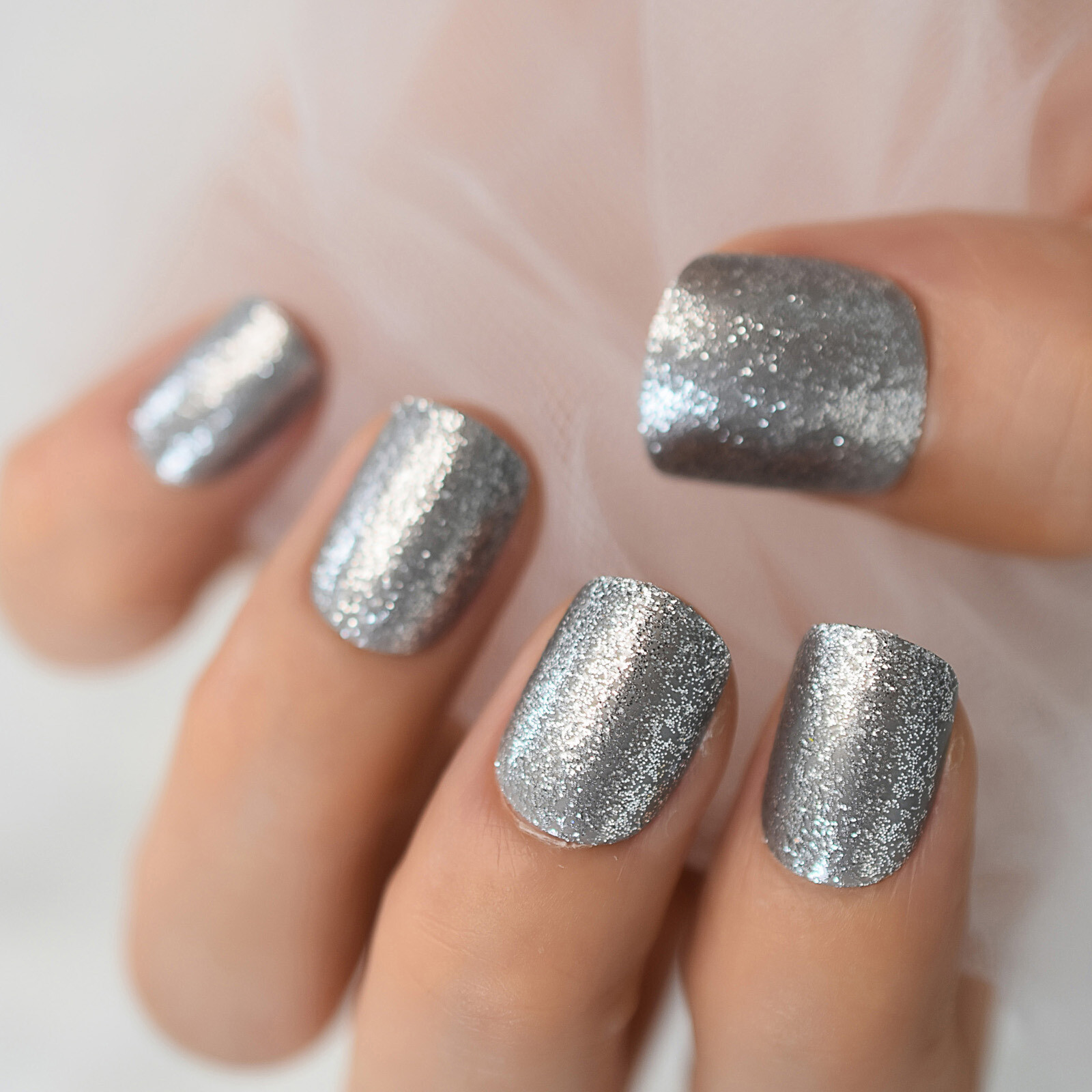 Silver Glitter Short Square Press On Nails – Glue On False Set – 24 pieces Kit