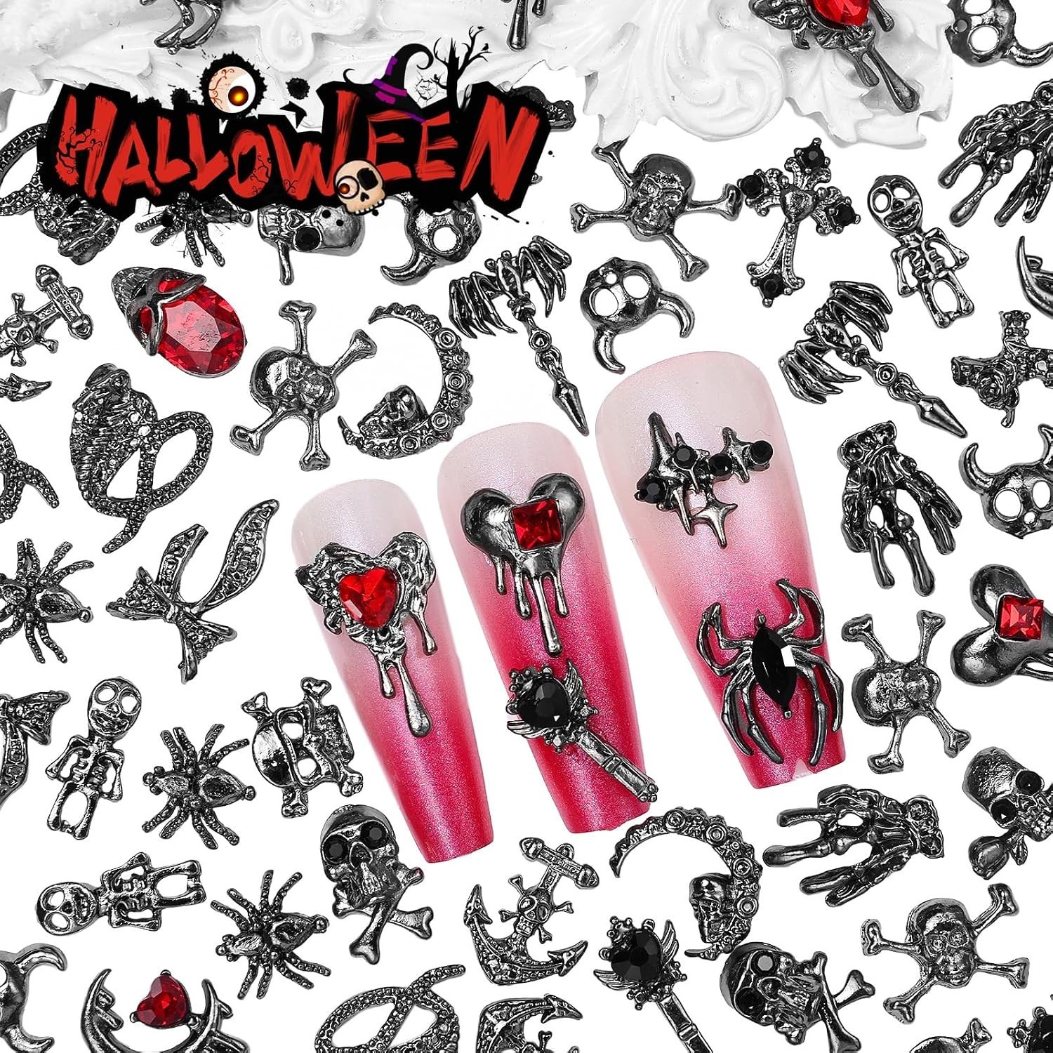 84 Pcs 3D Black Halloween Nail Charms And Gems, Gothic Nail Charms | Black