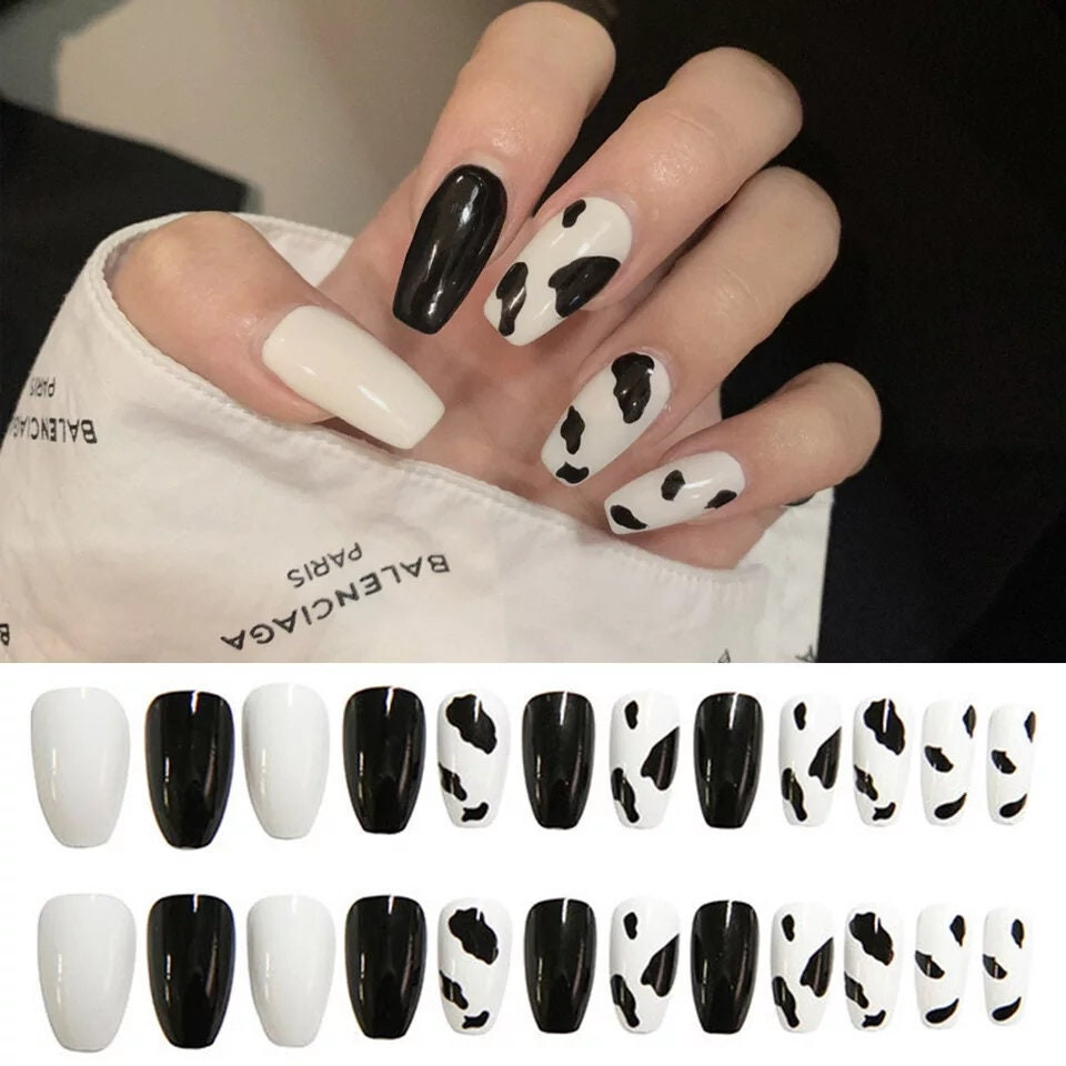 New 24 Press On Nails Kit w glue medium Cow print black white coffin