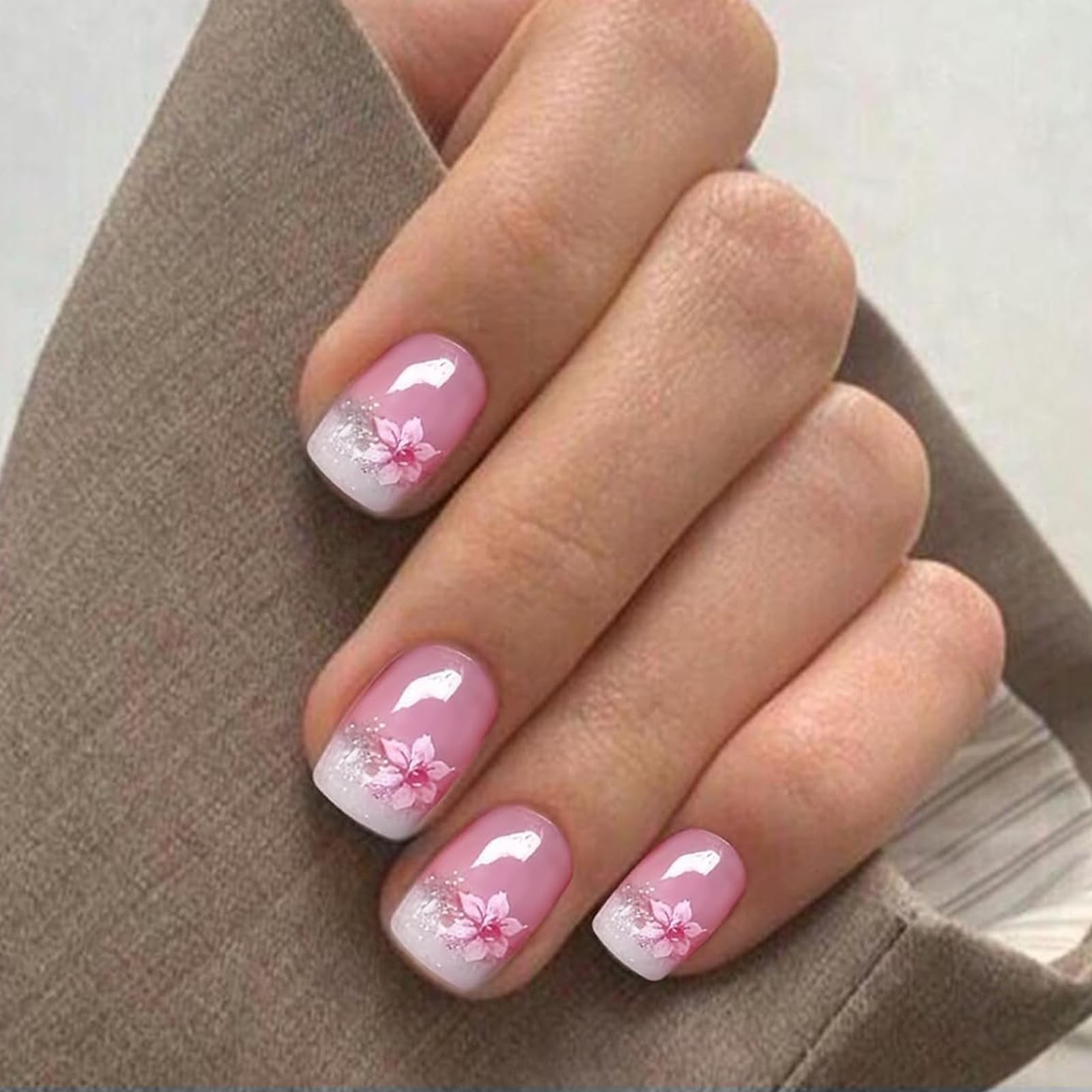 20PCS Pink Semi Cured Nail Strips Spring Summer Ombre Nail Wraps Glossy Flowe…