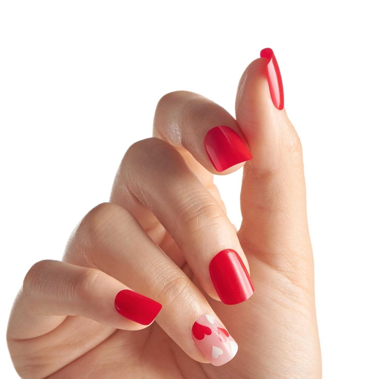 Valentine’s Day Press On Nails, ‘Full Heart’, Red, Short Squoval, No Glue Needed