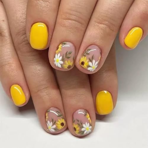 6 Packs (144 Pcs) Flower Press on Nails Short Square Fake Nails Floral Style-8