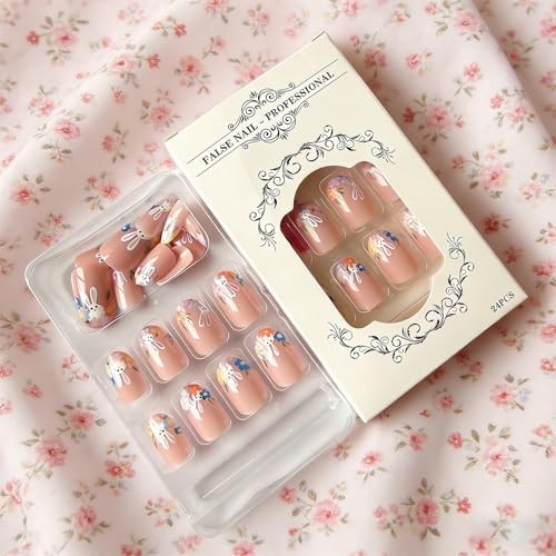 Easter Press on Nails Short Oval Fake Nails with Rabbit French Flower Bunny