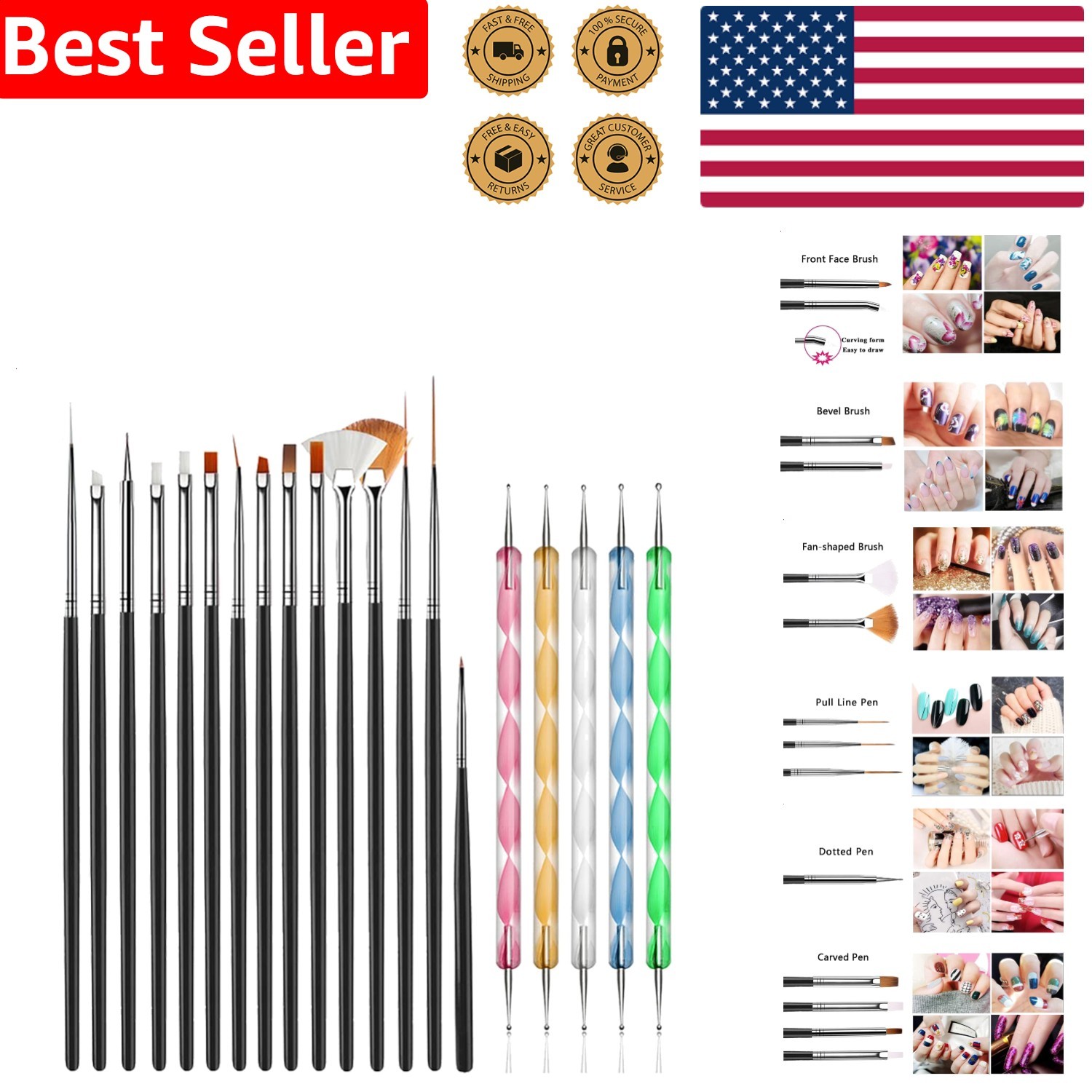 20pc Nail Art Kit: Black Brushes & Multi-Color Dotting Pens for DIY Design Salon