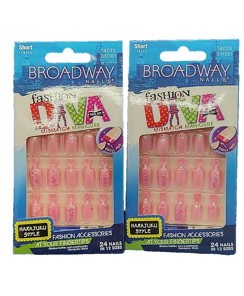 BROADWAY NAILS by Kiss Fashion Diva LOVE Pink Glitter SHORT LENGTH (LOT OF 2)