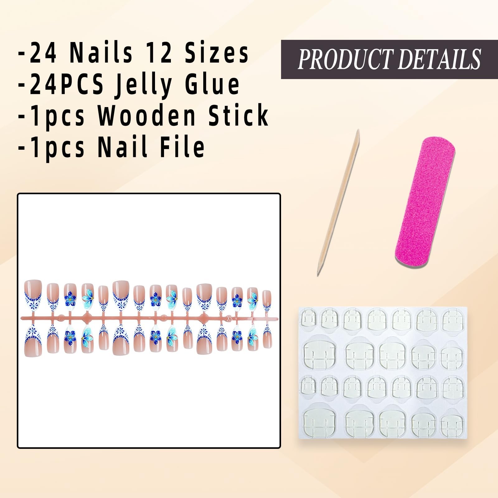 Jremg Blue Flower Press on Nails Medium Almond Fake Nails with 3D Floral Desi…