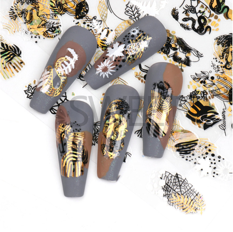 Abstract Black Gold Snake Butterfly Nail Art Stickers Laser Geometry Flower NS53