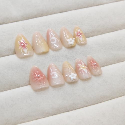 Flower Press on Nails Medium Almond Fake Nails Pink False Nails Flower Style32