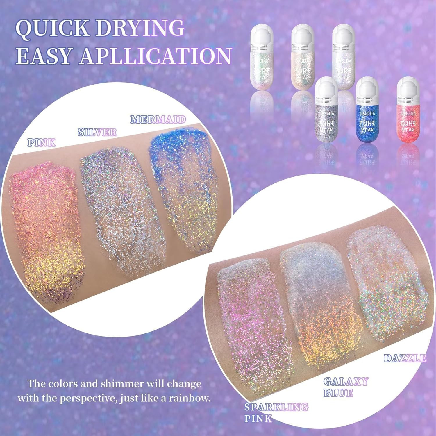 Body Glitter Gel, Roll-On Face Glitter for Mermaid Makeup Festival Rave Accessor