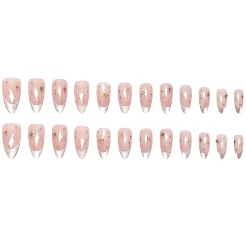 24Pcs Silver Press on Nails Medium Almond Fake Nails Diamond Glitter French Tip