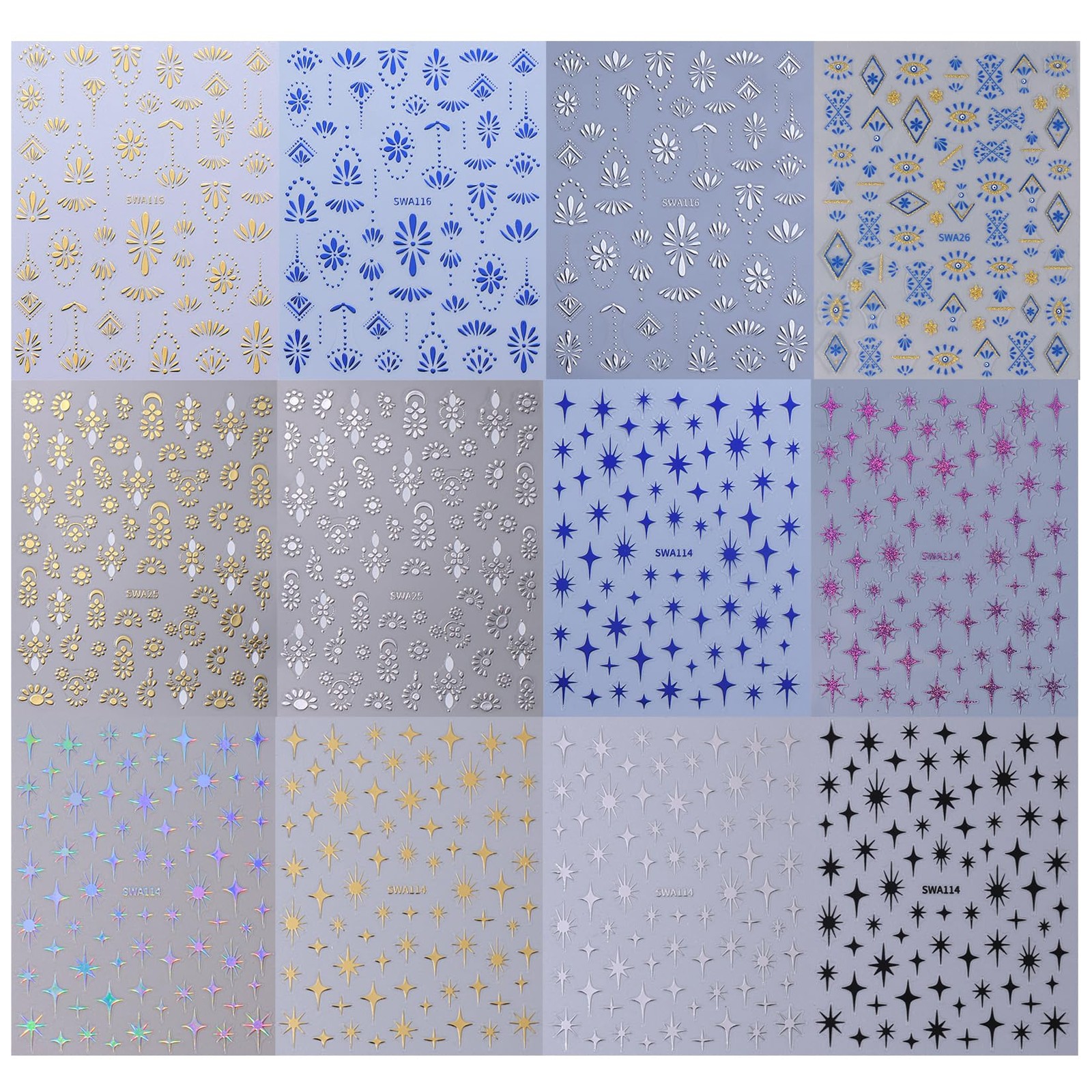 Bohemian Stickers for Nail Art 12PCS Boho Styles Decals Blue Colorful