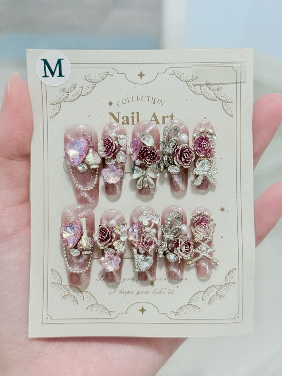 10pcs Handmade Rose Fake Nail Press On/Glue On Nails Size M(Read Description)