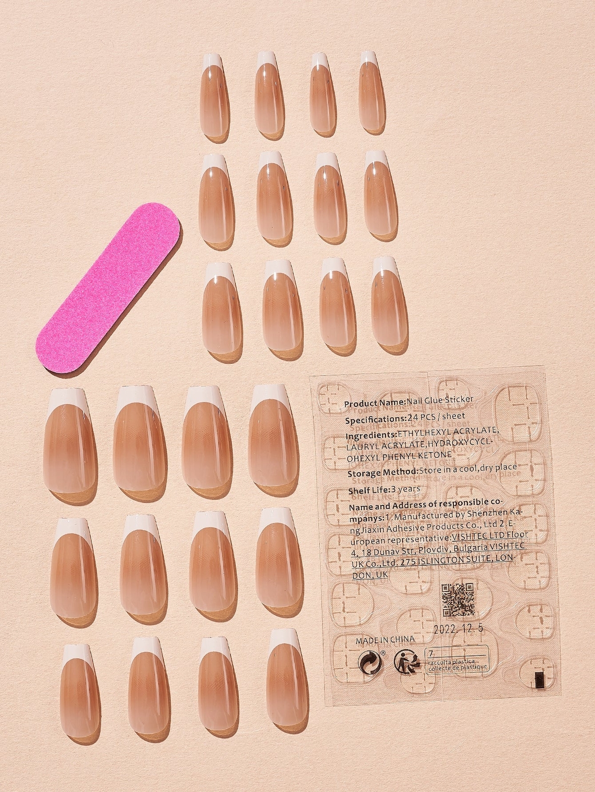 24pcs Long Coffin Beige French Ombre Fake Nail False Nails Press On Nails Glue