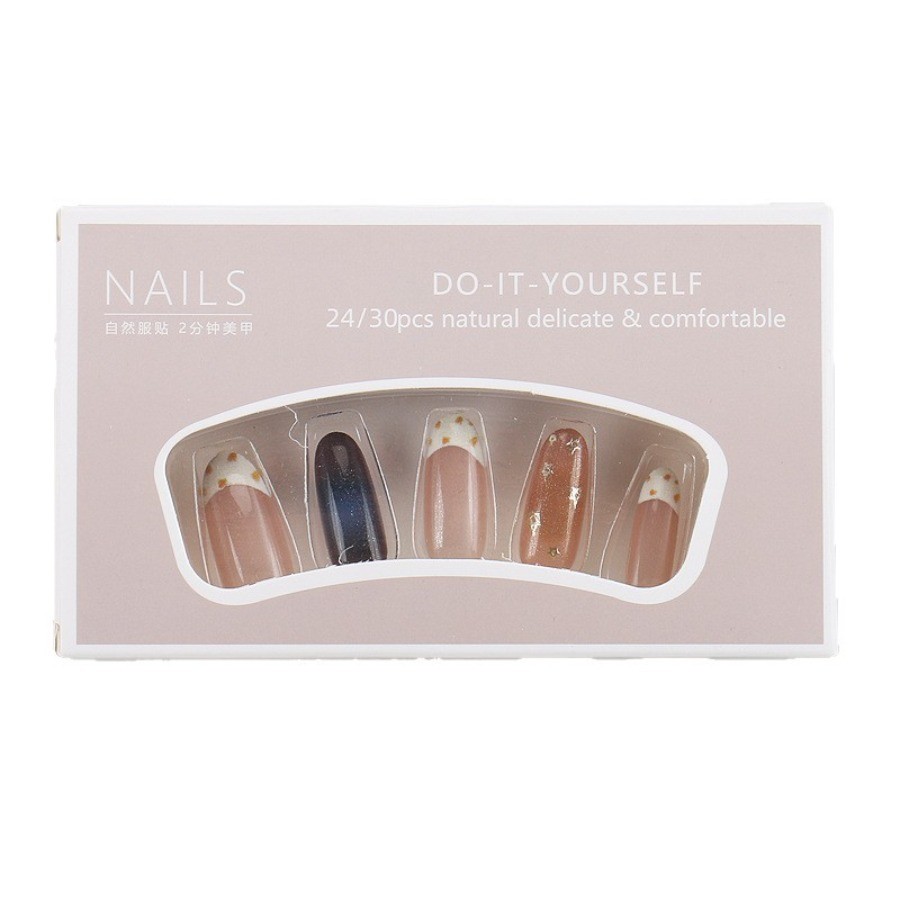 60pcs-Nude Fake Nails with Leopard French Tips, Star Glitter and Blue Ombre