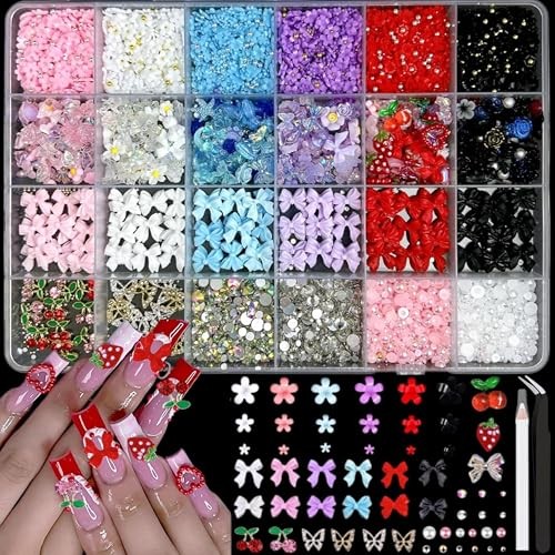 3D Flowers Nail Charms Y2K Kit, Metal Butterfly Cherry Colorful Bow Nail 01