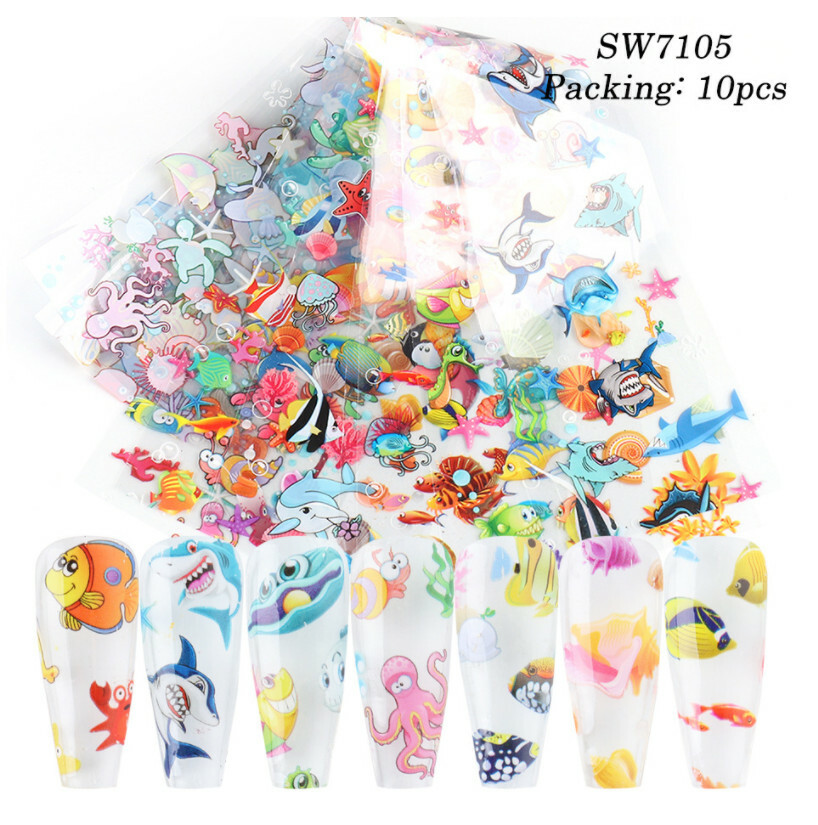 Sea World Fish Shark Shell Horse Star Nail Foil Transfer Sticker 10pcs 20X4cm