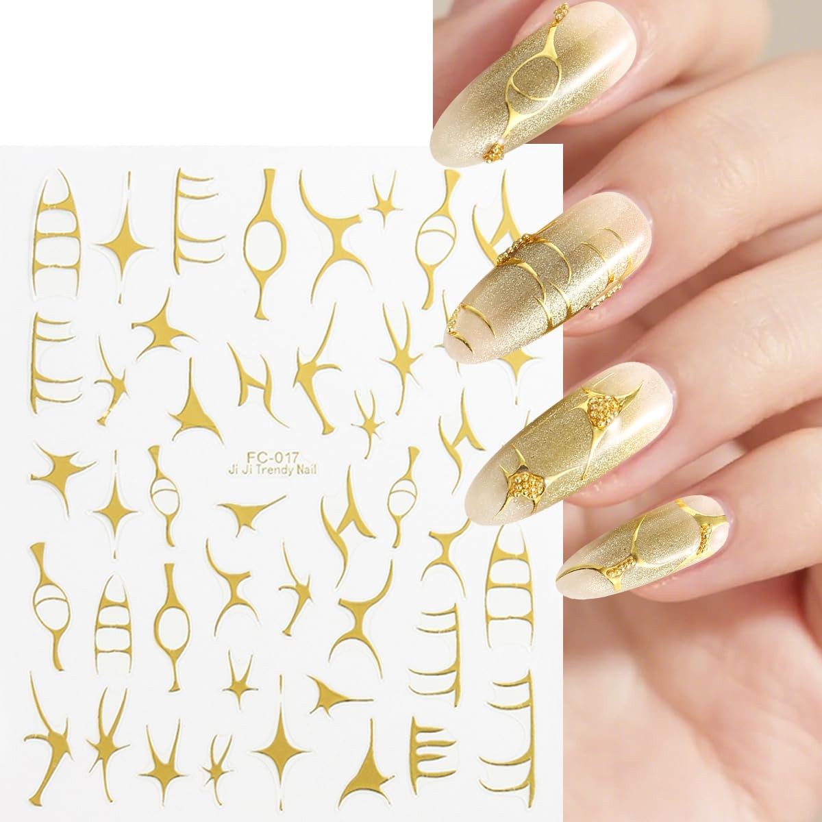 FSpronail 4 Sheets Irregular Line Nail Art Stickers, 3D Metallic Mirror Gold …