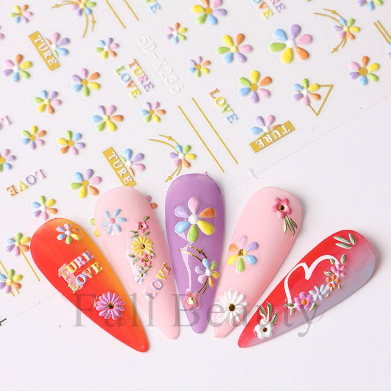 5D Embossed French Colorful Flower Love Daisy Fingers Toe Nail Art Stickers NS13