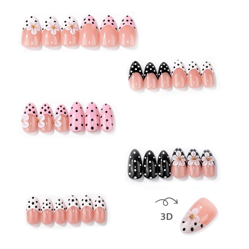 60Pcs Polka Dot White Floral Oval Press on Nails, Lovely Summer Daily Fake Nails