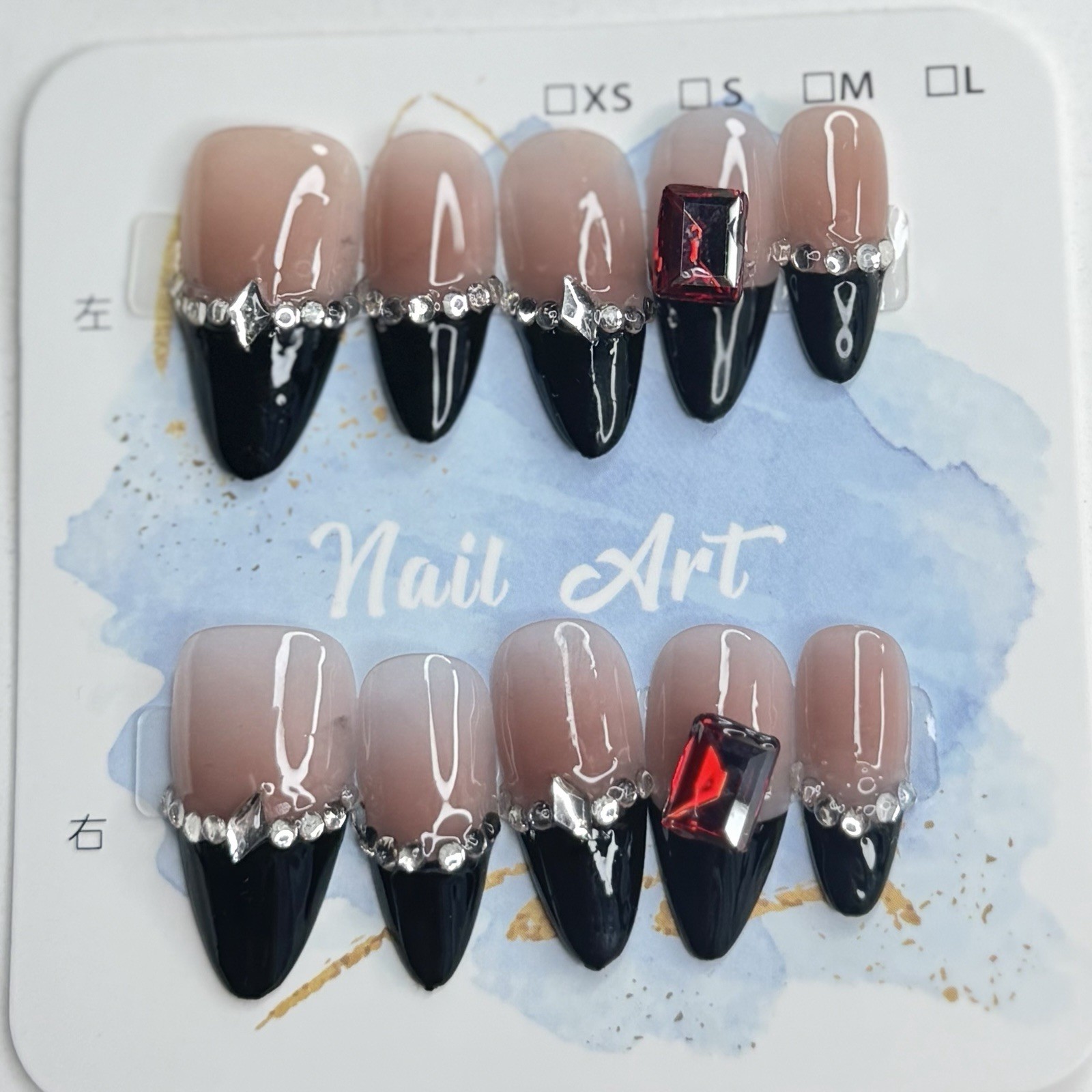 Handmade Black French Tip Press-On Nails Medium Almond Reusable Fake Nail
