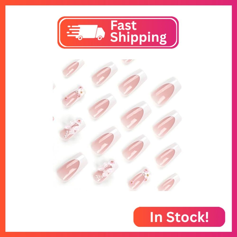 Pink Press on Nails Medium Long Square Rhinestone Pink Fake Nails Bling Glossy 3