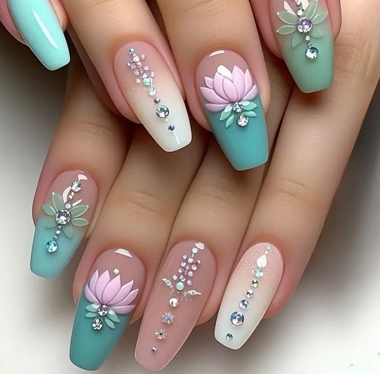 24pcs Water Lily Blue Pink Floral Nail Tips Boxed Glue & Tabs Princess Gradient