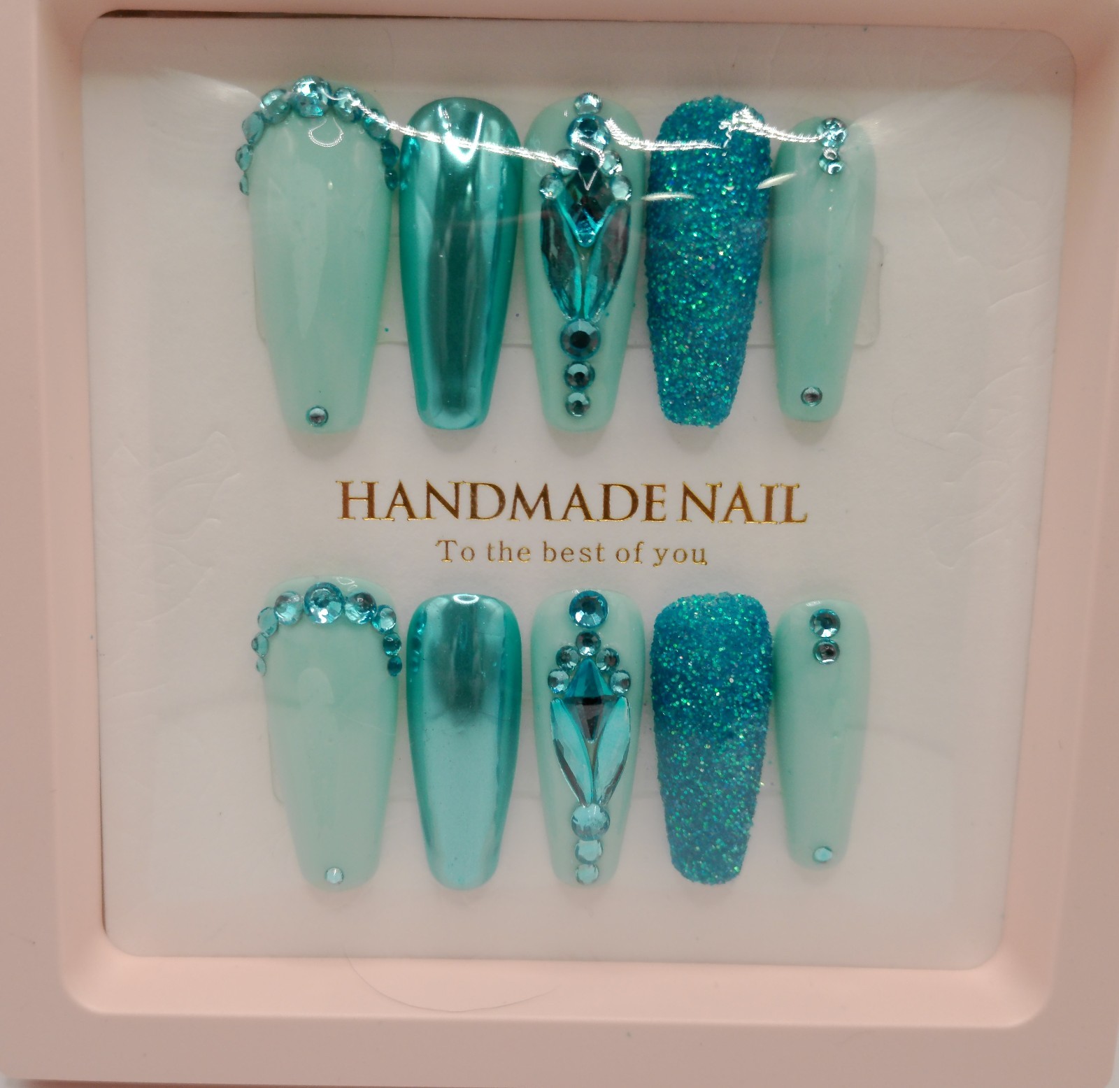 Long Ballerina Aqua-Teal Multi Effect Press-on Nails – Large