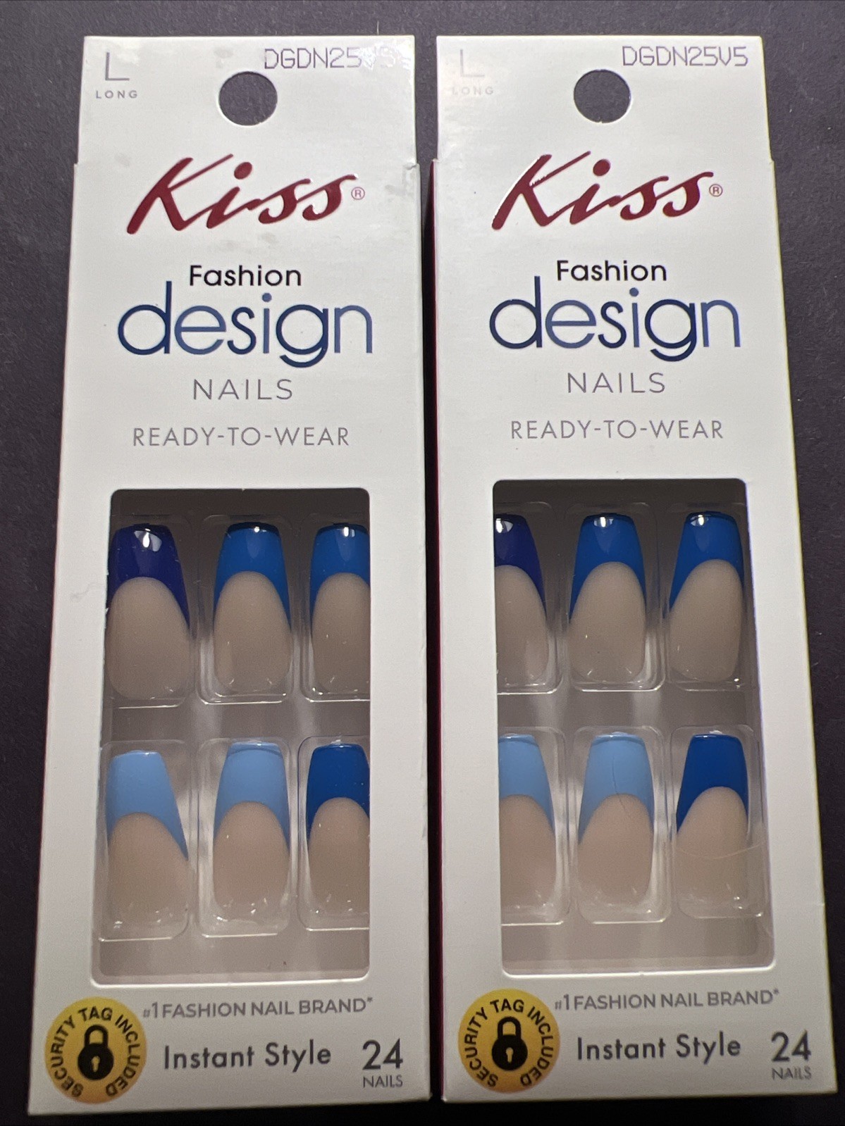 2x~Kiss Design Ready To Wear Glue Nails~Long~Coffin Shape~Natural W Blue Tips
