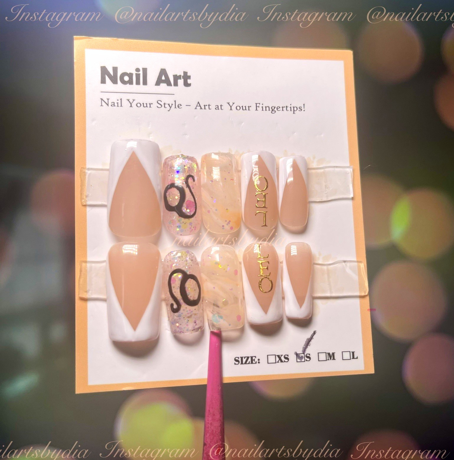 Nail Art Square Press-On Nails Beige White French Glitter Full Cover Short Set