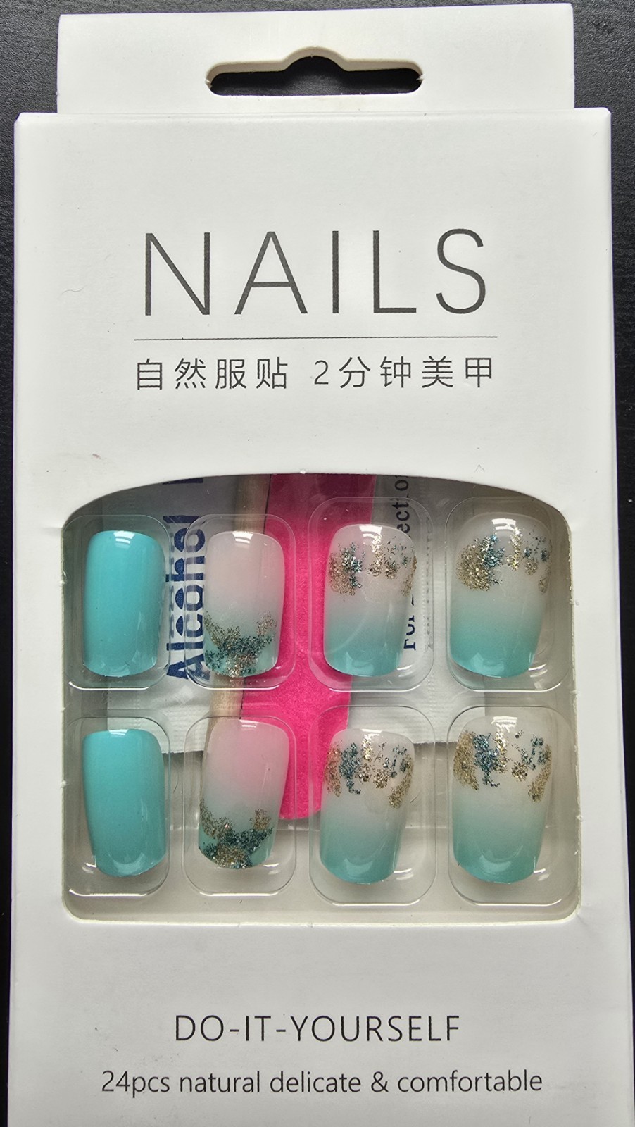 Summer Gradient Lake Blue Full Cover False Nails – 24 Pcs Glossy Stick…60% OFF