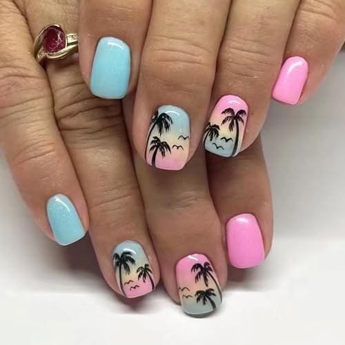 24Pcs Summer Press on Nails – Short Palm Tree Fake Nails – Square Blue Pink