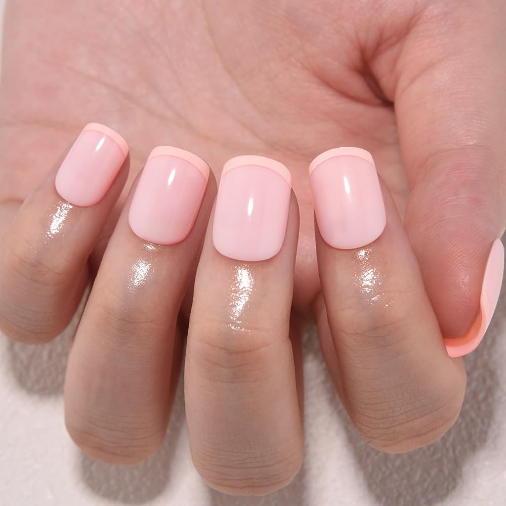 French Tips Press on Nails Nude Pink + Peach Tips Short Round (30 Count)