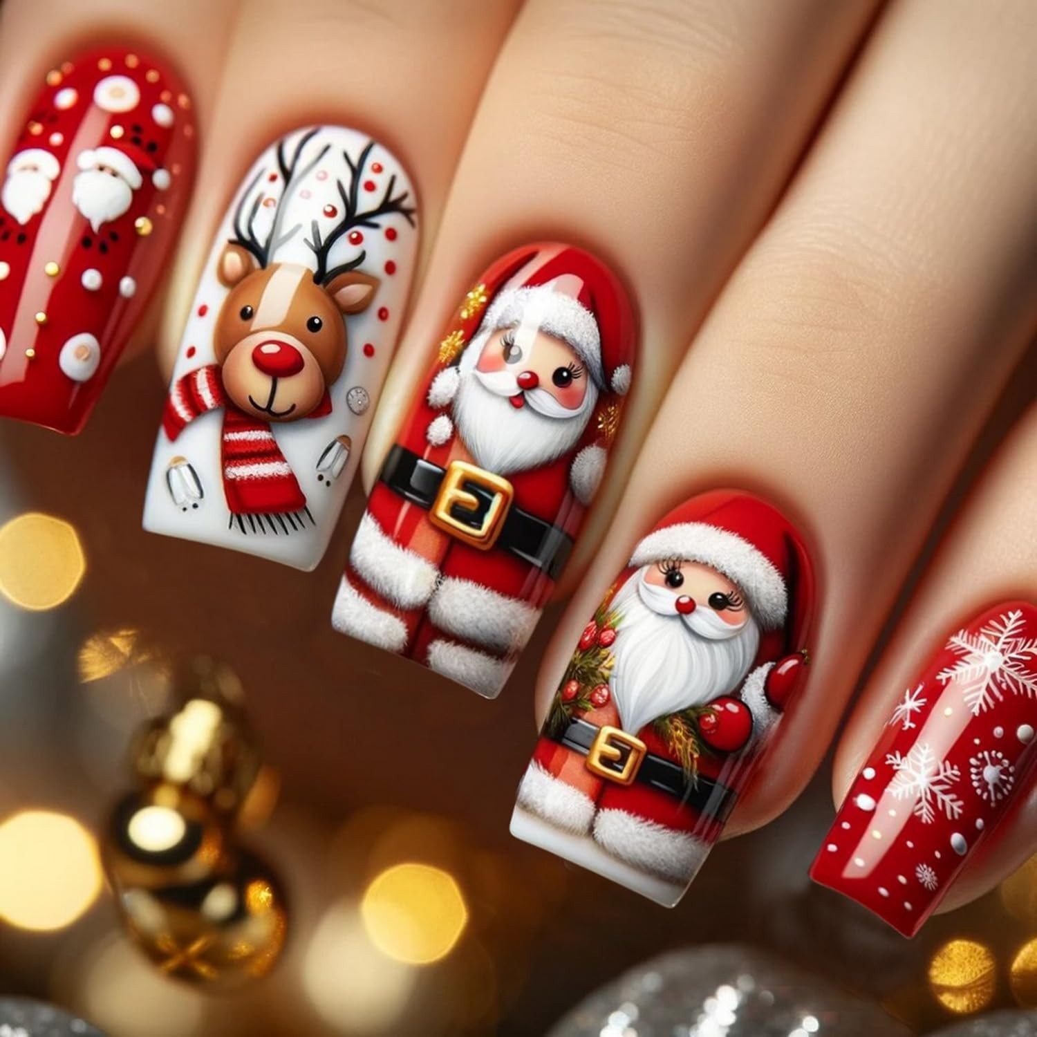Festive Christmas Red Glossy Press-On Nails with Santa & Snowflake Designs