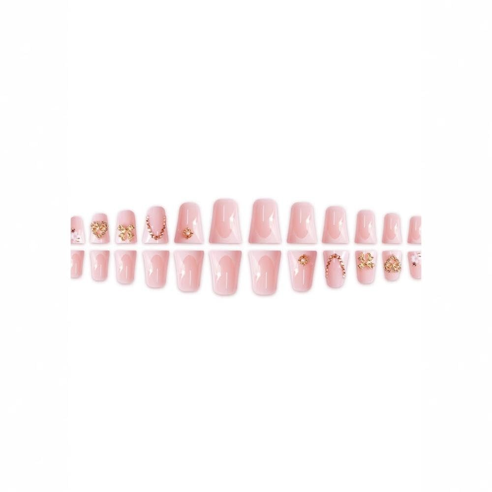 White French Tips Press on Nails Medium Duck False Nails with Gold Heart Bow …
