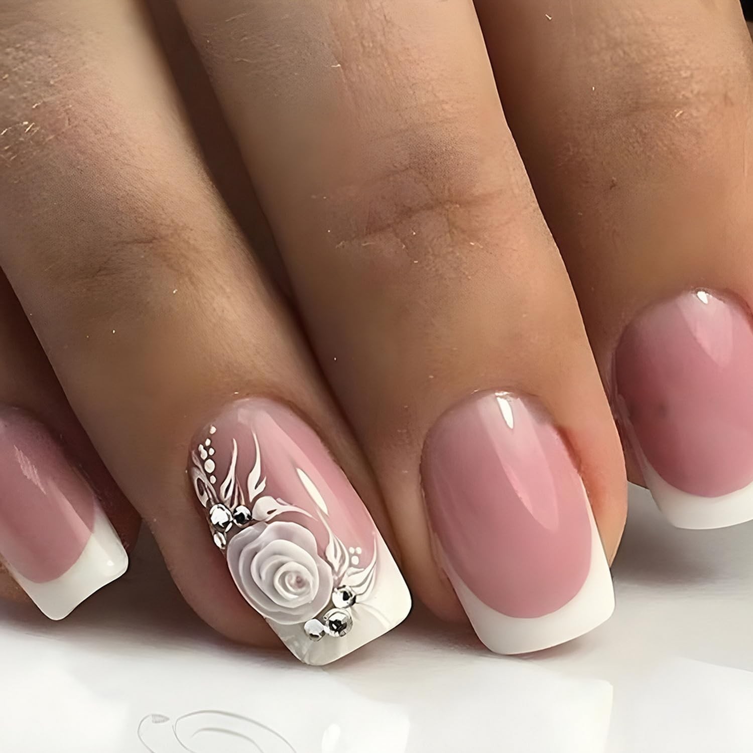 Gradient Short Press On Nails Square Chrome Acrylic Fake Nails for Women