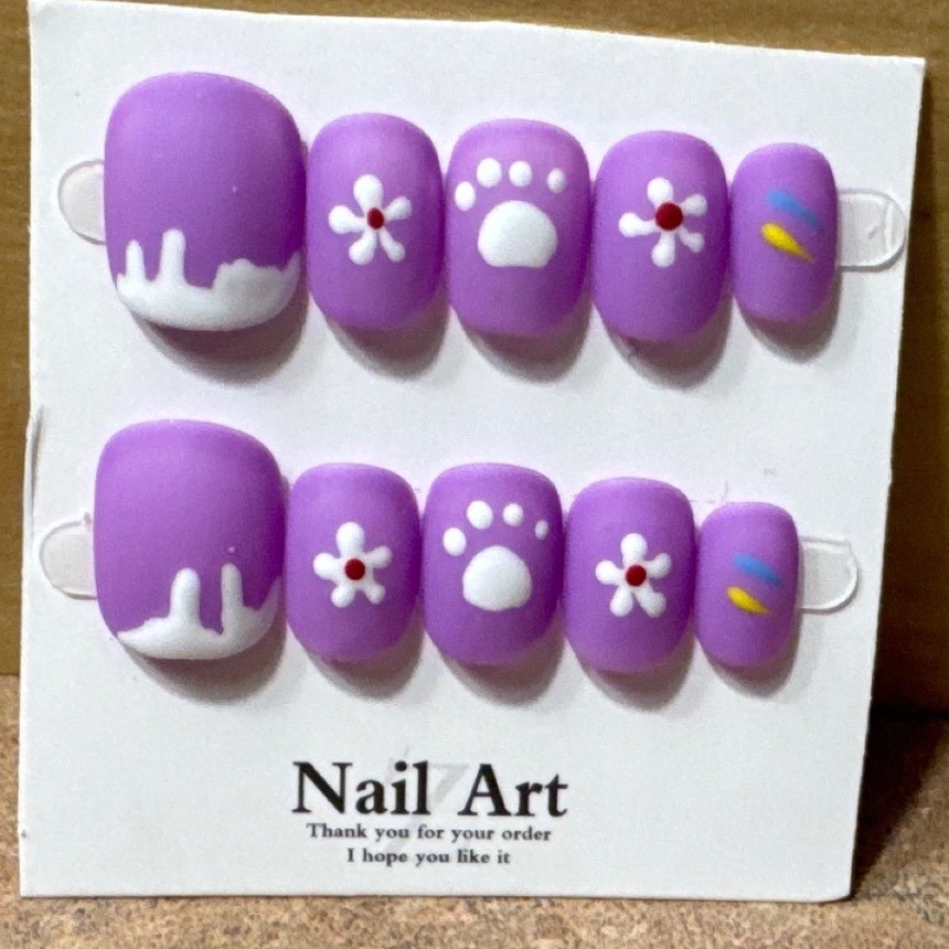 Purple Press On Nails Matte Flower Paw Print Drip Art Short Square Nails Set