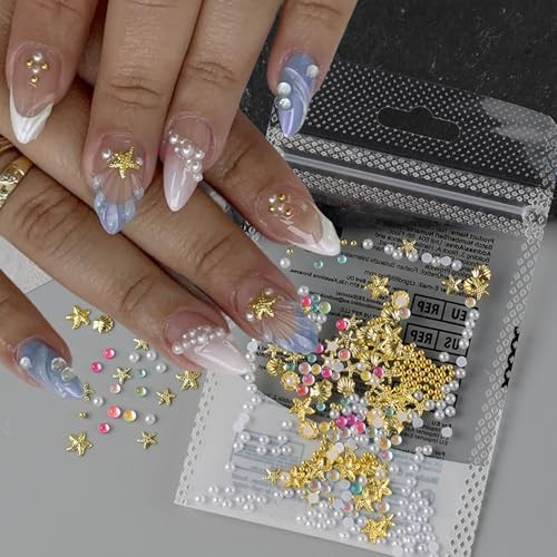 Summer Starfish Nail Charms & Gems Mermaid Colorful Colorful Bead Pearl -12