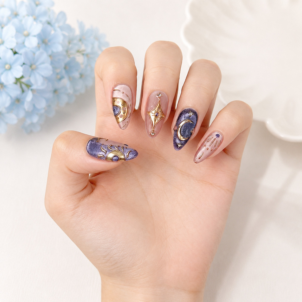 Press On Nails Medium Almond Celestial Moon Star Gold Purple Rhinestone Nail Set