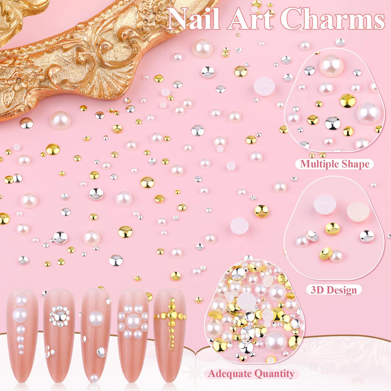7500PCS Nail Charms Kit Gold Silver Rhinestones Pearls Nail Art Set Tools