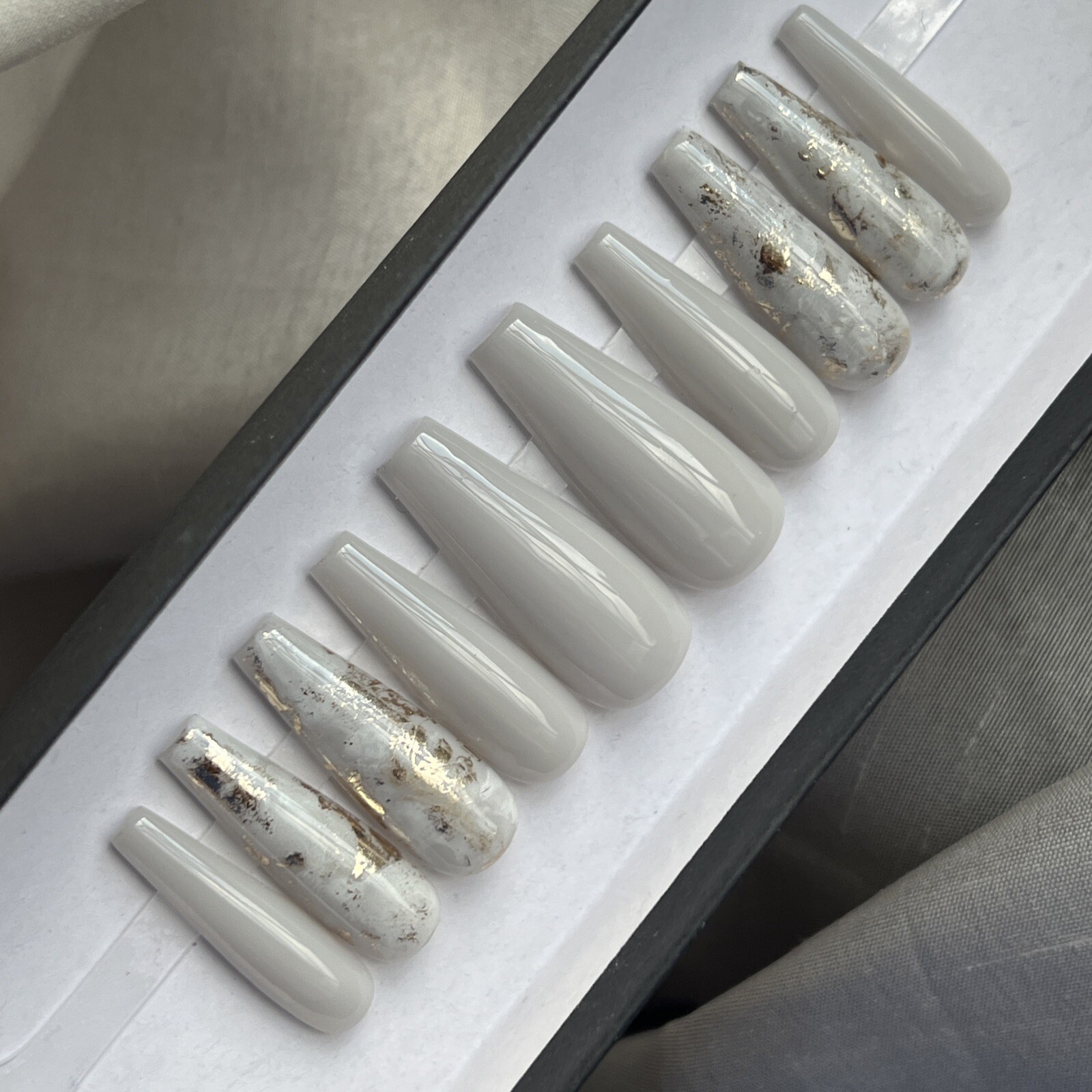 🔥CUSTOM Gel Press On False Nails, Sheer Light Grey GOLD flakes, 10p W FULL KIT