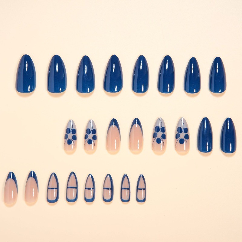 Minimalist Fake Nails with Nude Base, Navy Blue French Tips and Floral Details