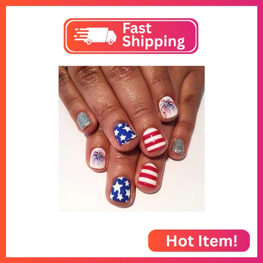 BMKKOT Patriotic Press on Nails Short Fake Nails Independence Day Stars Artifici