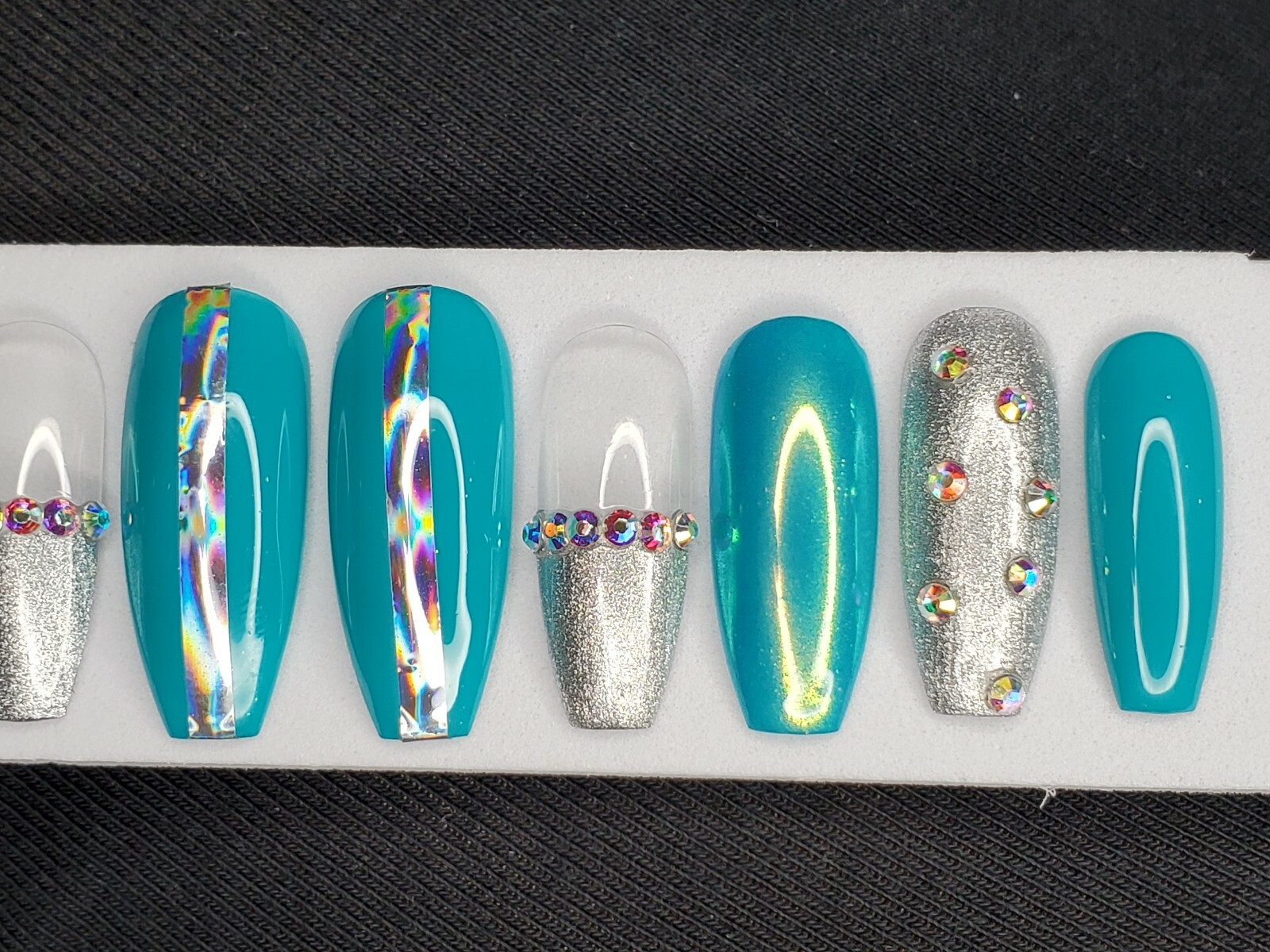 Teal & silver bling chrome holographic Press On nails long coffin turquoise blue