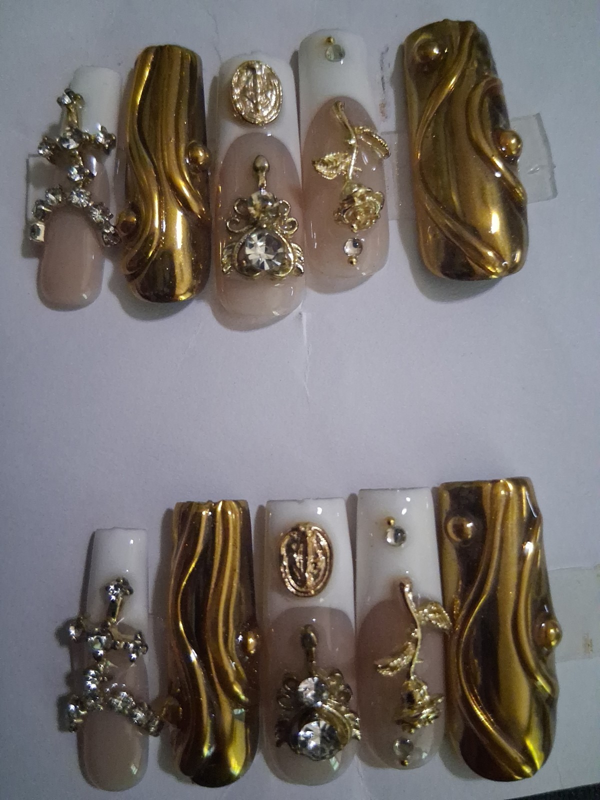 Size Medium Hand Crafted Faux nails Gold/rhinestone Long