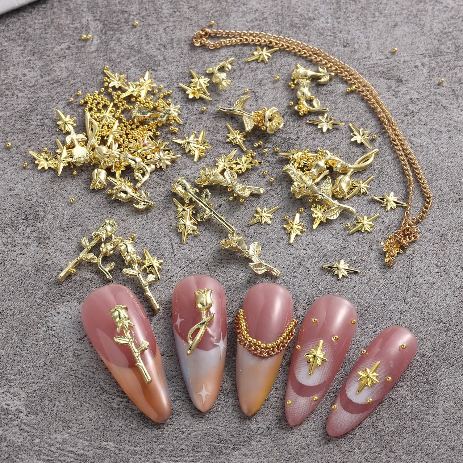 Star Nail Charms, 2 Boxes Gold Nail Charms Twinkle Stars Rose Flowers Cross Meta