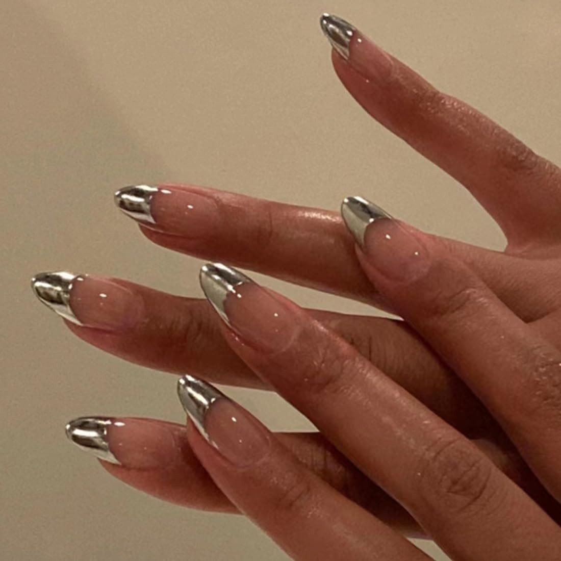 Chrome Silver Press on Nails French Tip Almond Short Fake Nails for Women