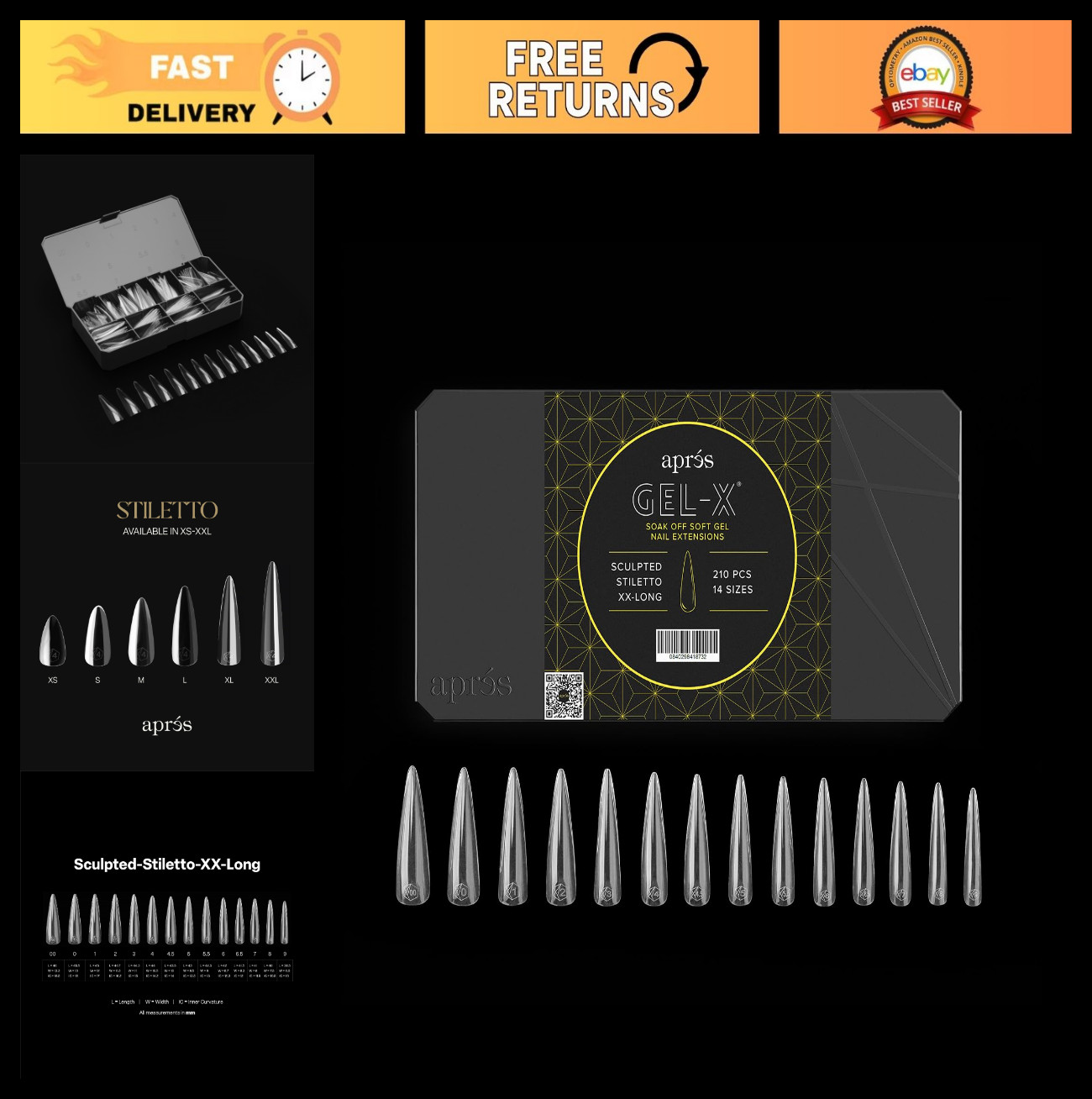 Sculpted Gel Nail Tips Box – 210pcs, 14 Sizes 00-9, Extra Long Stiletto Tips
